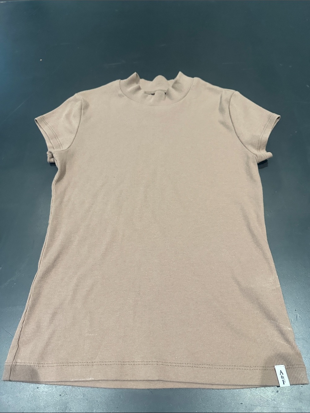 Abercrombie & Fitch Ribbed Short Sleeve Mock Neck Top — Beige Taupe